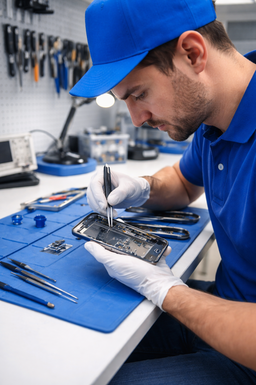 Phone repair technician working at a repair desk